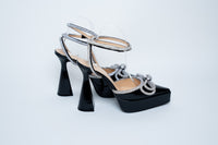 Mach & Mach Black Patent Heels with Crystal Embellished Bow and Ankle Strap Size 40