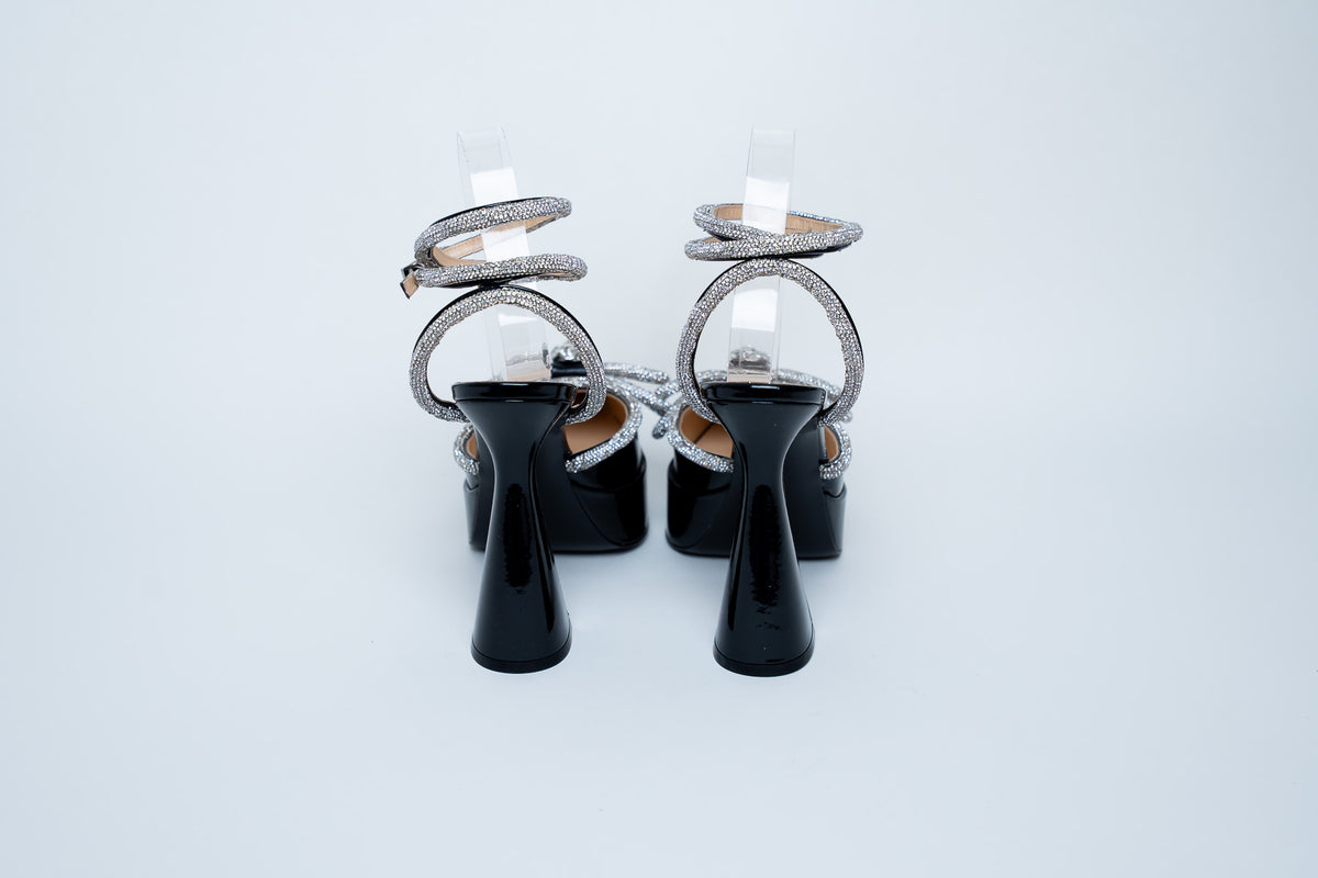 Mach & Mach Black Patent Heels with Crystal Embellished Bow and Ankle Strap Size 40