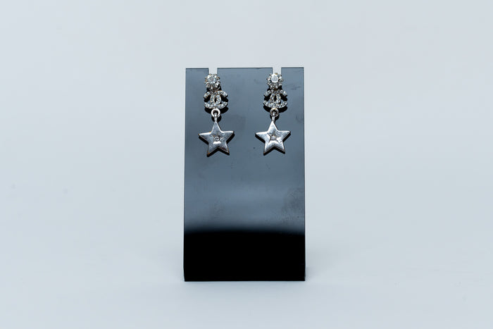 silver tone star drop earrings with crystal embellished logo (front)