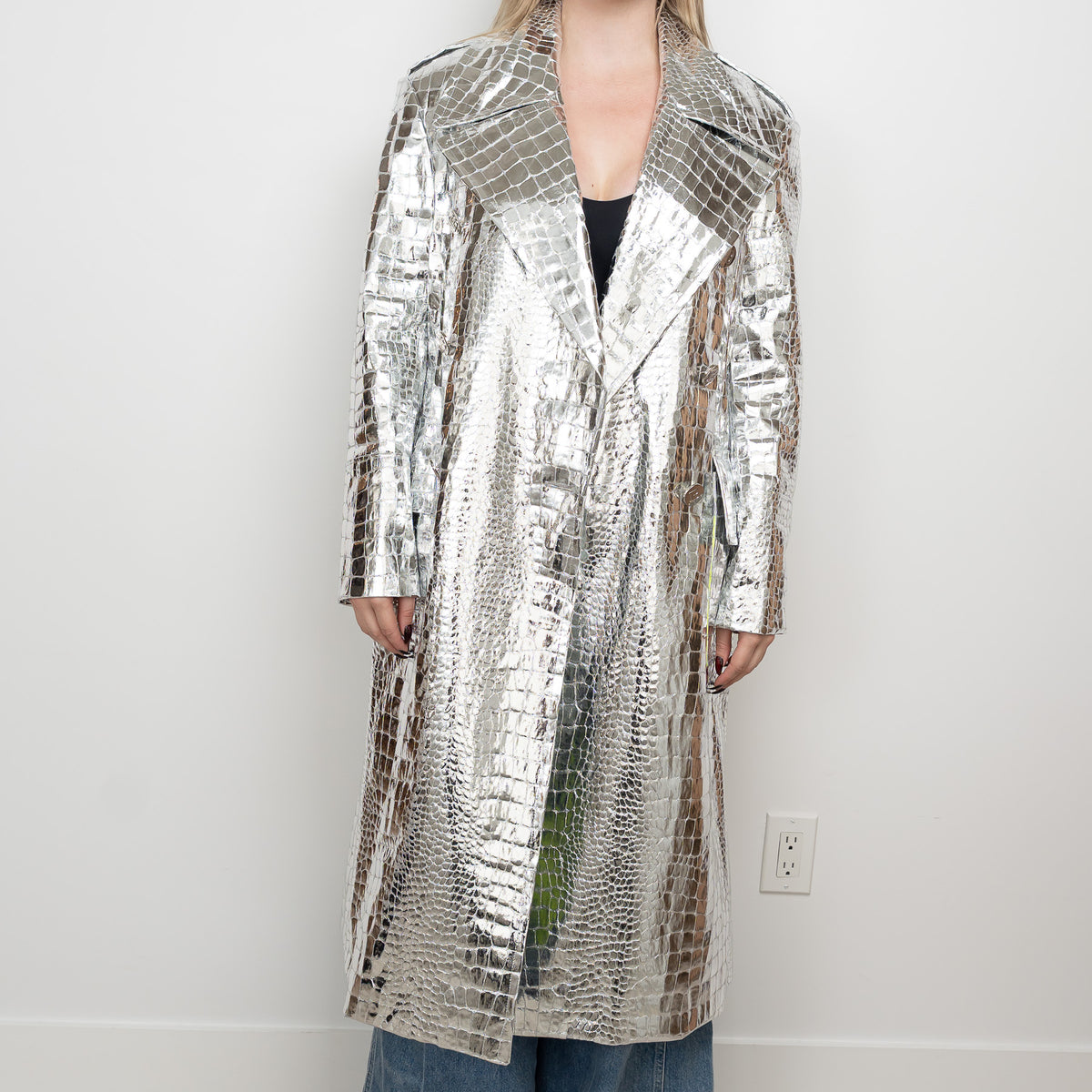Balman Metallic Silver Embossed Croc Fabric Trench Coat Size 38