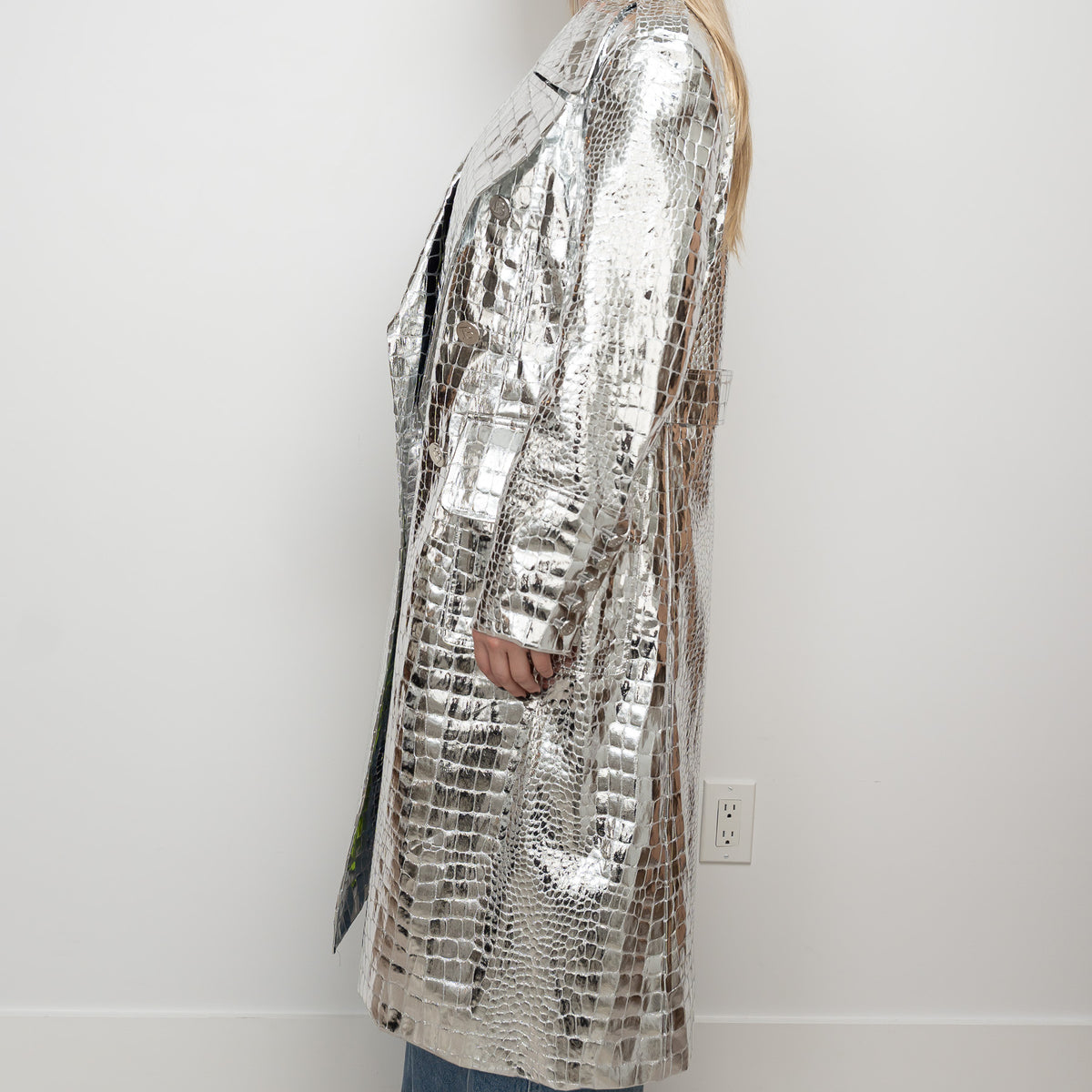 Balman Metallic Silver Embossed Croc Fabric Trench Coat Size 38