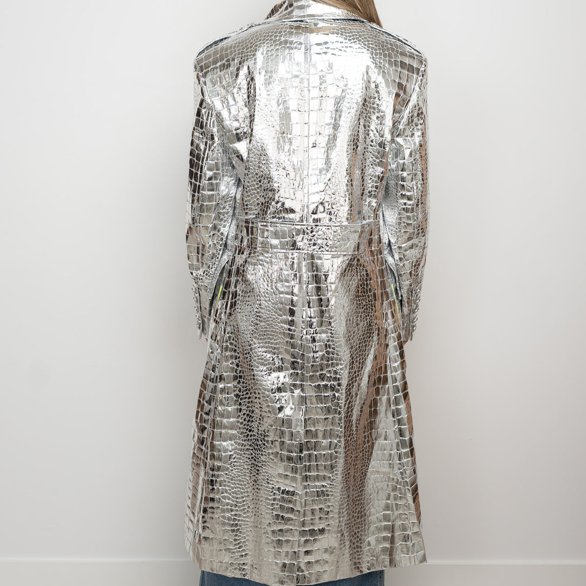 Balman Metallic Silver Embossed Croc Fabric Trench Coat Size 38