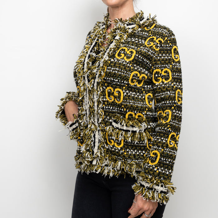 Gucci Yellow Multicolor Tweed Wool GG Jacket Size M