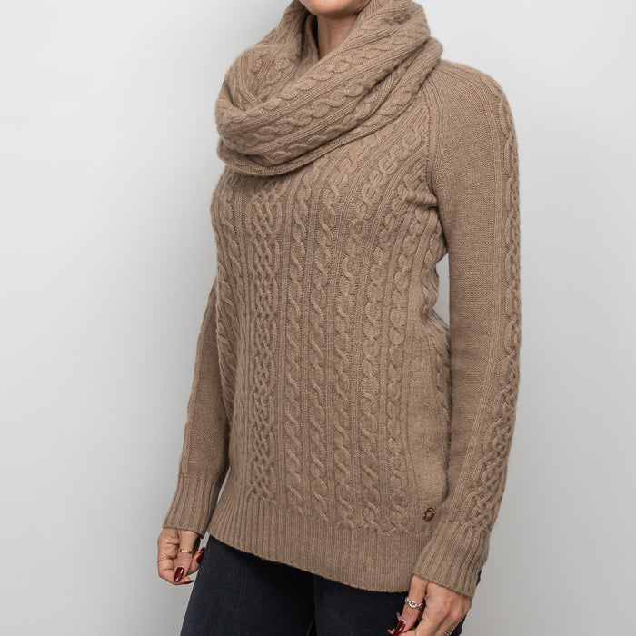 Loro Piana Tan Cashmere Knit Sweater With Circle Scarf Size 40
