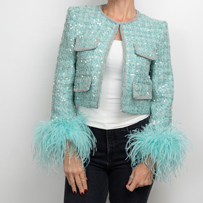 Self-Portrait Teal Green Sequin Tweed Crystal Embellished Jacket Size 4