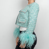 Self-Portrait Teal Green Sequin Tweed Crystal Embellished Jacket Size 4