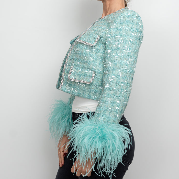 Self-Portrait Teal Green Sequin Tweed Crystal Embellished Jacket Size 4