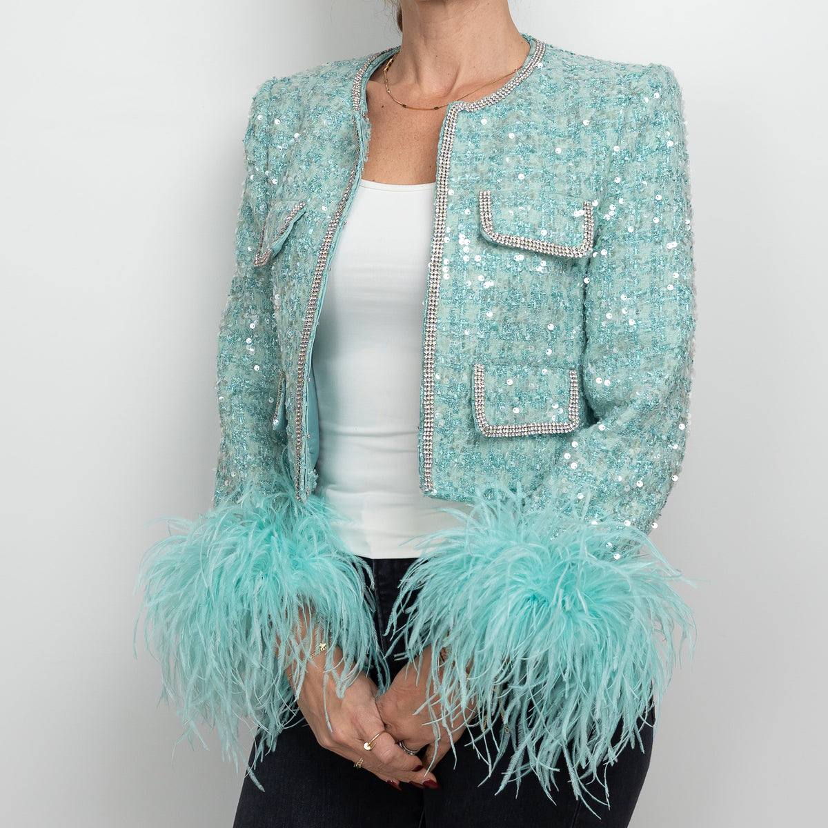 Self-Portrait Teal Green Sequin Tweed Crystal Embellished Jacket Size 4