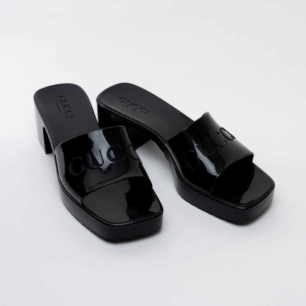 Gucci Black Embossed Block Heel Mules Size 37