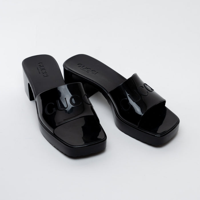 Gucci Black Embossed Block Heel Mules Size 37