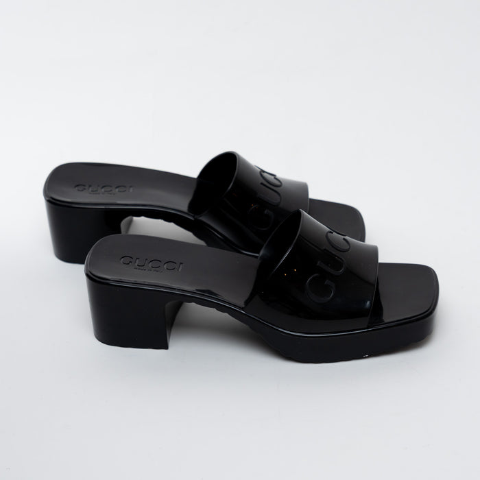 Gucci Black Embossed Block Heel Mules Size 37
