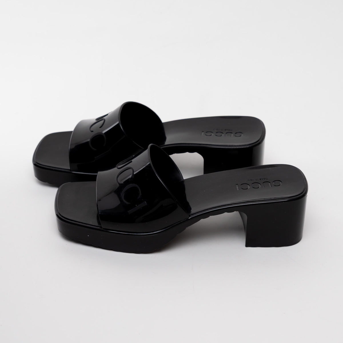 Gucci Black Embossed Block Heel Mules Size 37