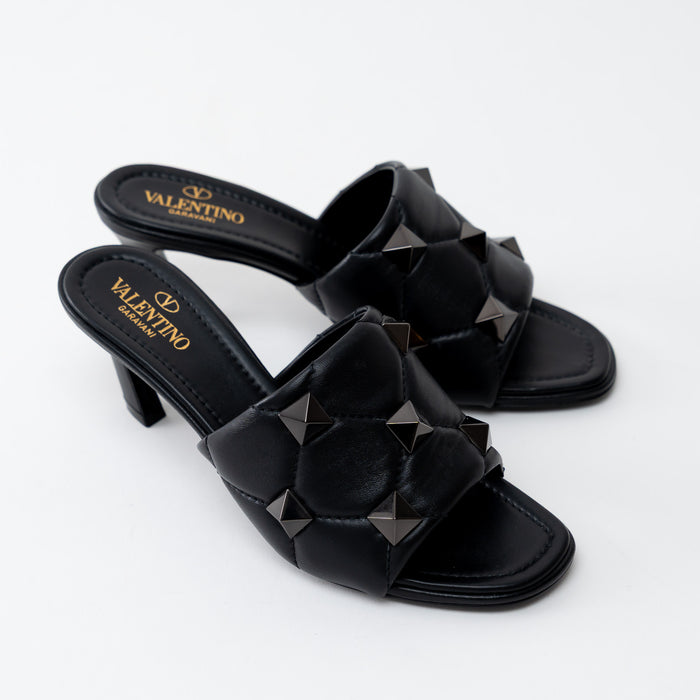 Valentino Black Leather Roman Stud Flat Sandals Size 37.5