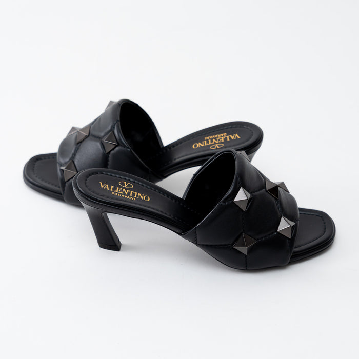 Valentino Black Leather Roman Stud Flat Sandals Size 37.5