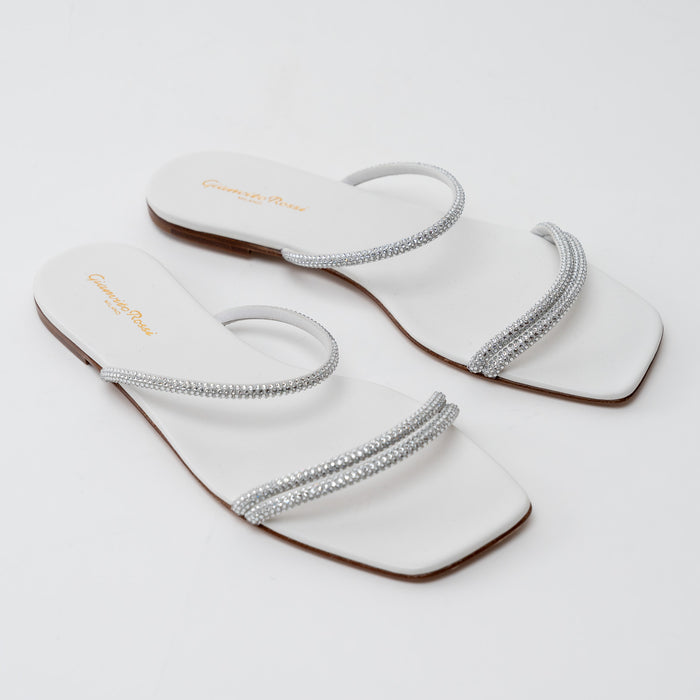 Gianvito Rossi White Grained Leather with Crystal Embellishment Slide Sandals Size 41