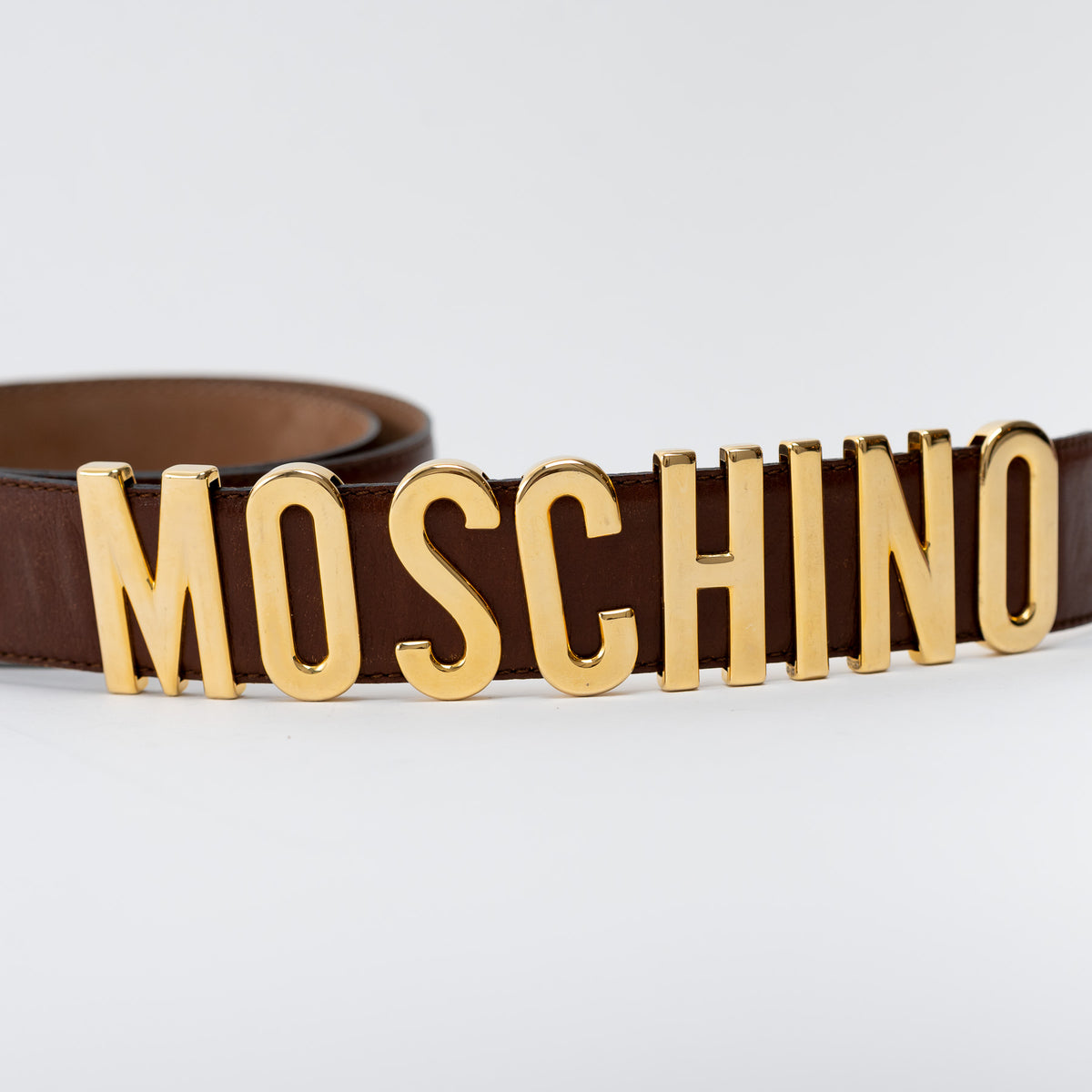 Moschino Brown Leather with Gold Logo Belt Size 46