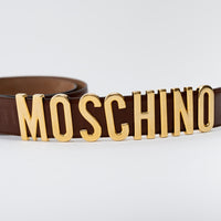 Moschino Brown Leather with Gold Logo Belt Size 46