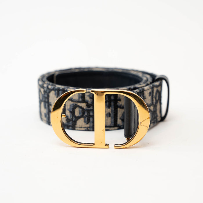 Dior Gold Buckle Black Leather Patterned Canvas Belt Size 70/27"