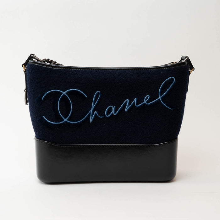 Pre-Loved Chanel™ Navy Wool Black Leather Embroidered Large Gabrielle Crossbody Bag
