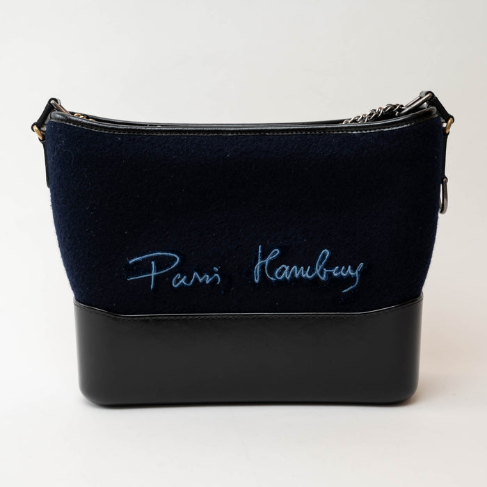 Pre-Loved Chanel™ Navy Wool Black Leather Embroidered Large Gabrielle Crossbody Bag