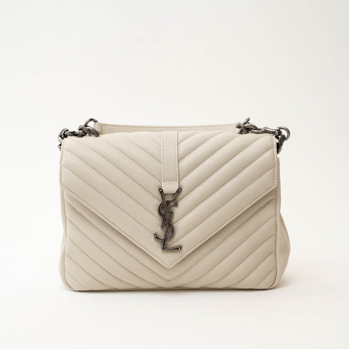 Saint Laurent Cream Chevron Quilted Leather Matelasse Medium College bag