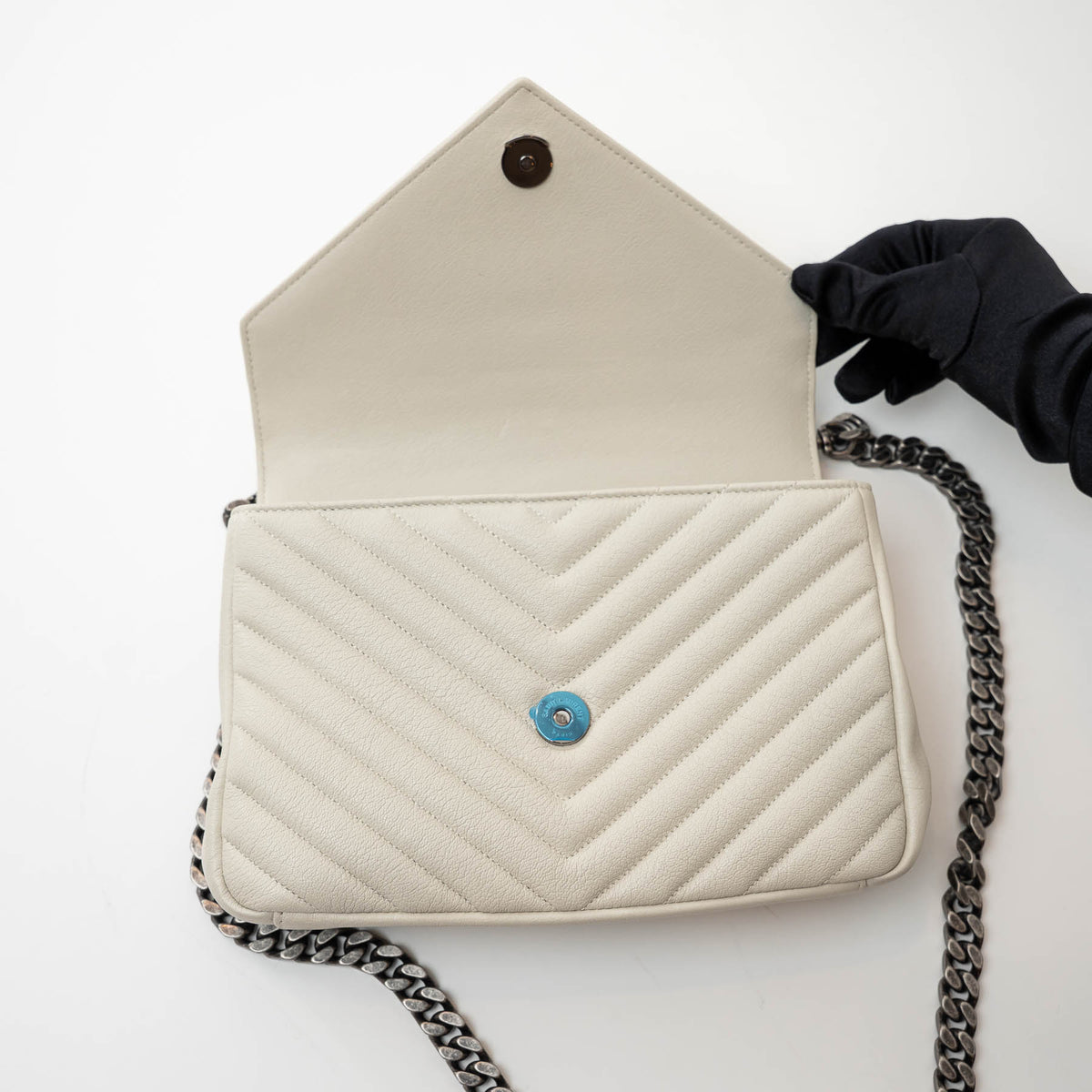 Saint Laurent Cream Chevron Quilted Leather Matelasse Medium College bag