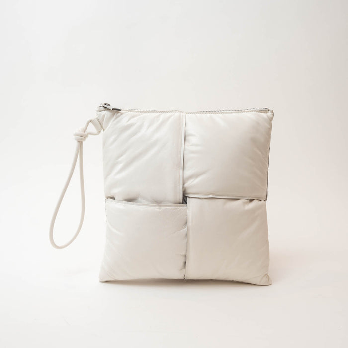 Bottega Veneta White High Gloss Grained Leather Maxi Padded Intrecciato Clutch