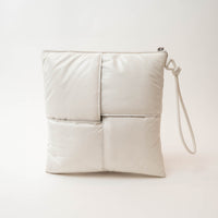 Bottega Veneta White High Gloss Grained Leather Maxi Padded Intrecciato Clutch