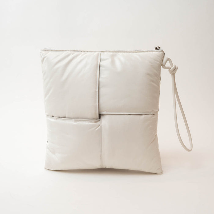 Bottega Veneta White High Gloss Grained Leather Maxi Padded Intrecciato Clutch