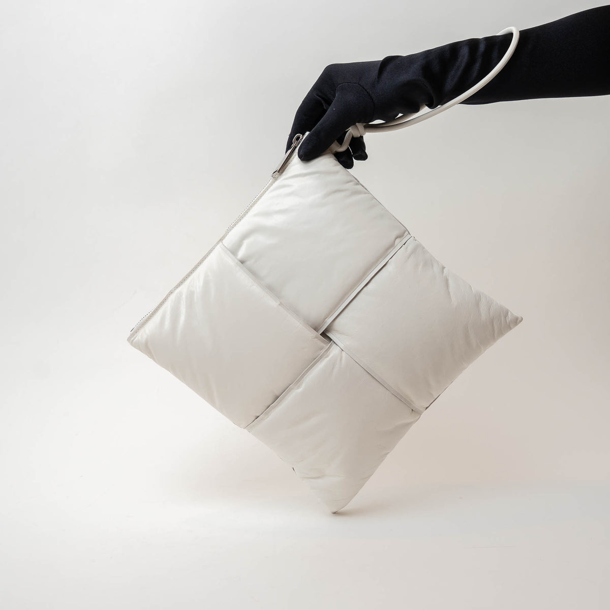 Bottega Veneta White High Gloss Grained Leather Maxi Padded Intrecciato Clutch