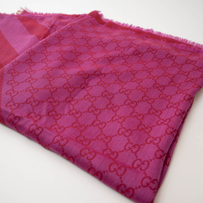 Gucci Red and Fuschia Wool and Silk Monogram Scarf