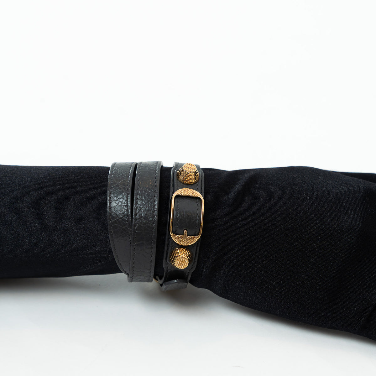 Balenciaga Grey Grained Leather Gold Buckle Bracelet Size L