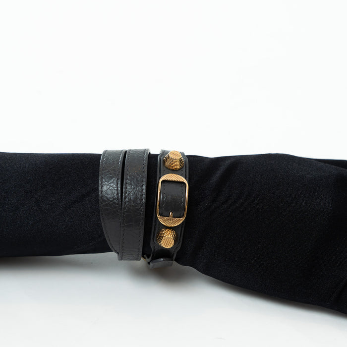 Balenciaga Grey Grained Leather Gold Buckle Bracelet Size L