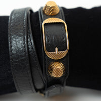 Balenciaga Grey Grained Leather Gold Buckle Bracelet Size L