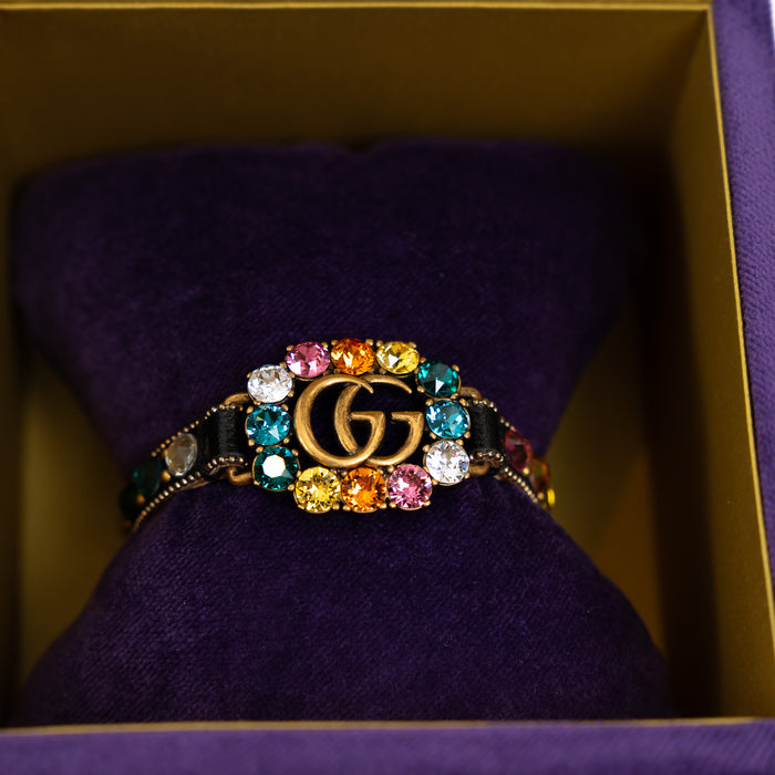 Gucci Multicolor Crystal Gold Marmont Leather Bracelet
