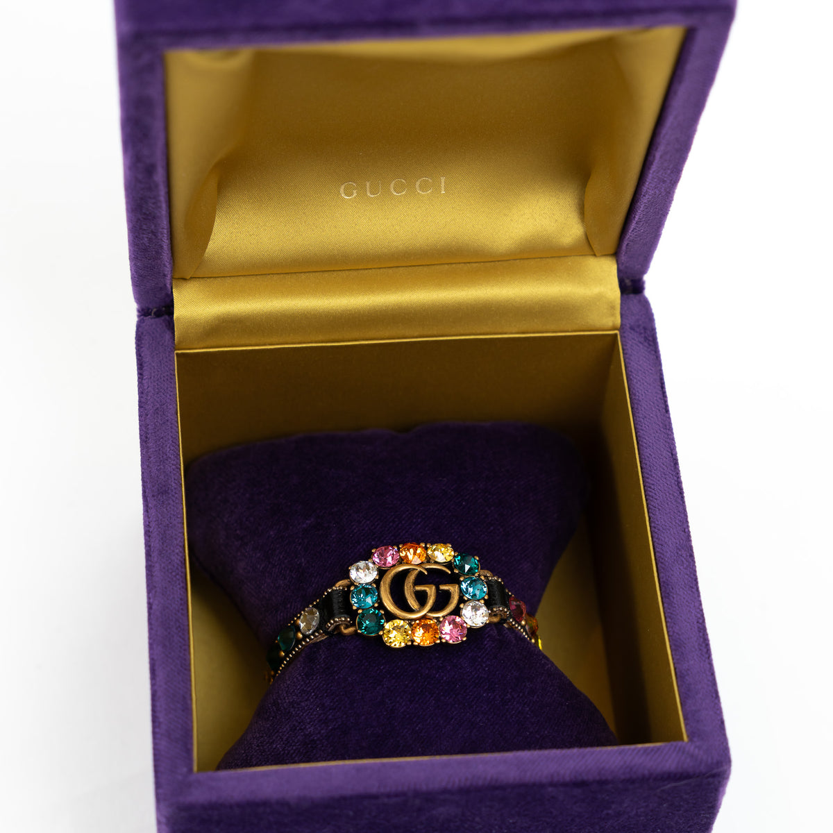Gucci Multicolor Crystal Gold Marmont Leather Bracelet