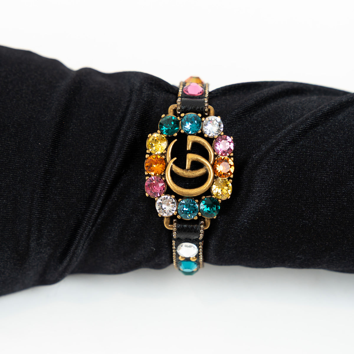 Gucci Multicolor Crystal Gold Marmont Leather Bracelet