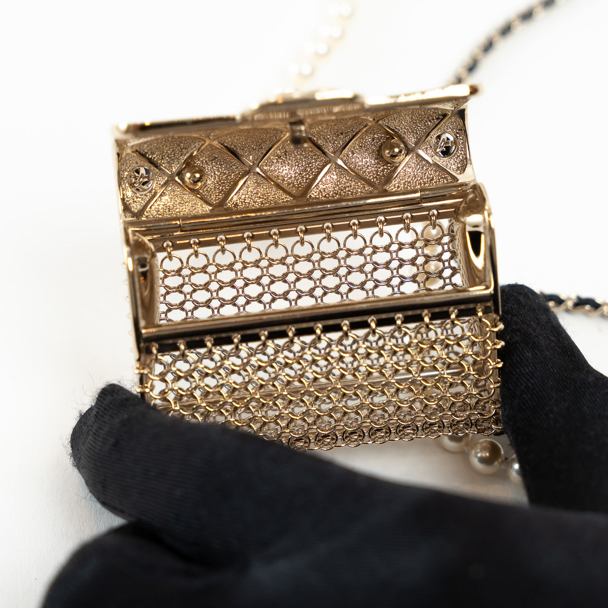 Pre-Loved Chanel™ Gold Tone Faux Pearl Flap Bag Necklace