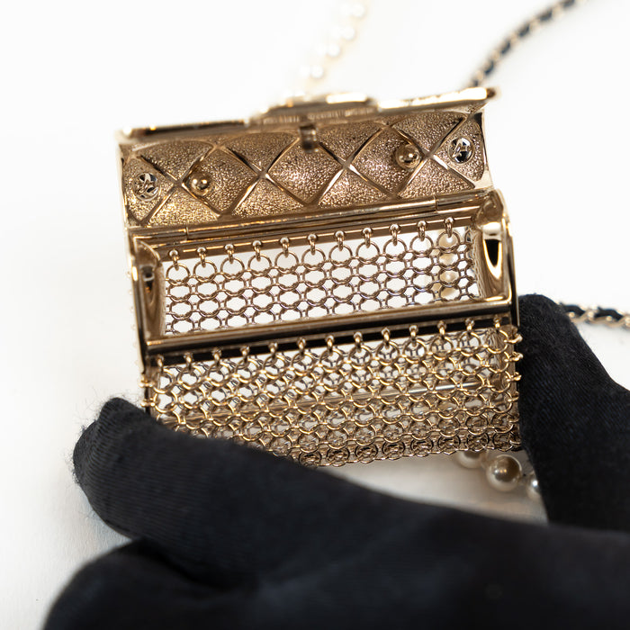 Pre-Loved Chanel™ Gold Tone Faux Pearl Flap Bag Necklace
