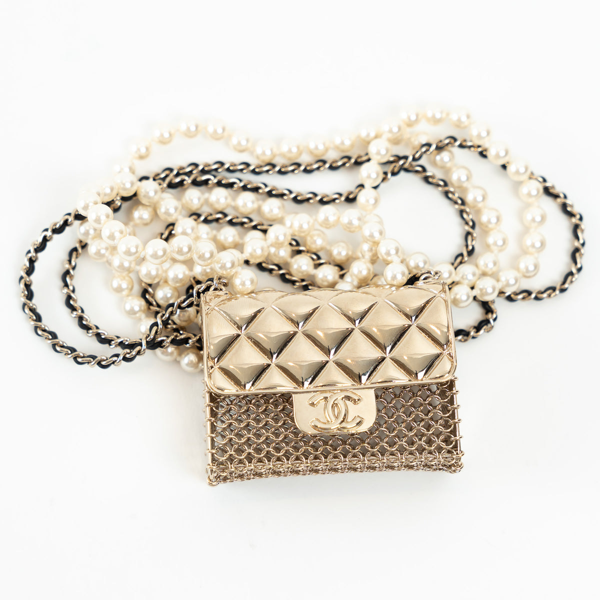 Pre-Loved Chanel™ Gold Tone Faux Pearl Flap Bag Necklace