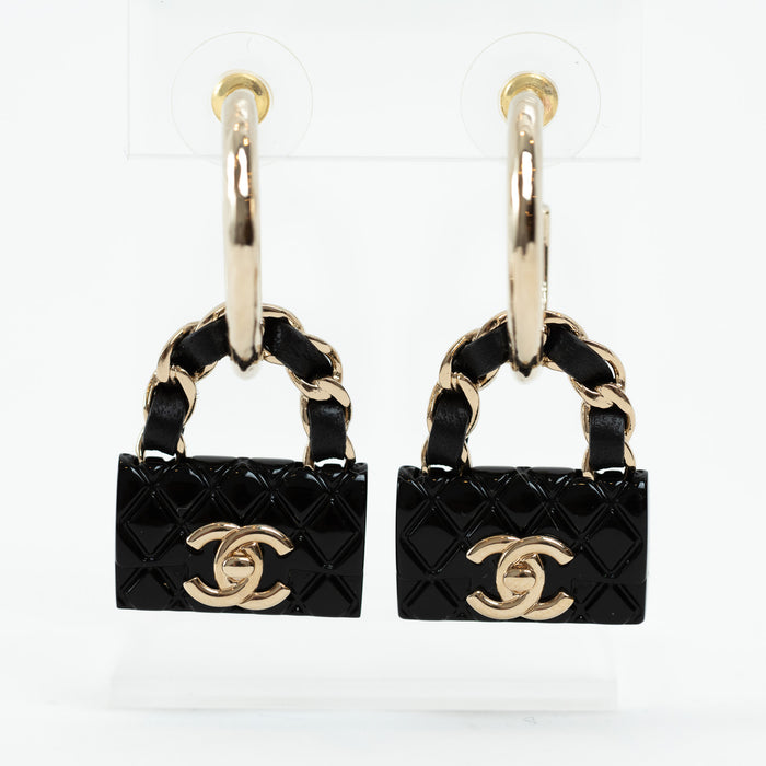 Pre-Loved Chanel™ Gold Tone Black Flap Bag Earring