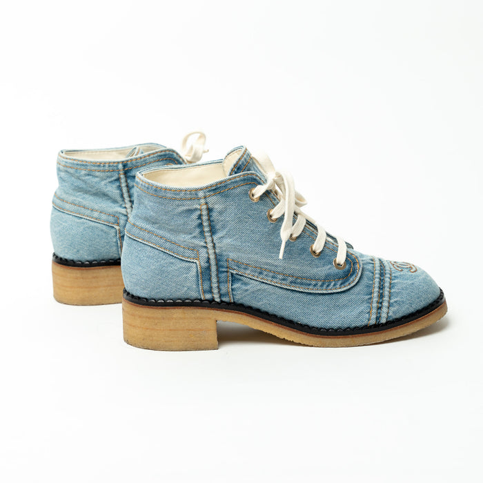 Pre-Loved Chanel™ Blue Denim Lace-Up Boots Size 41C