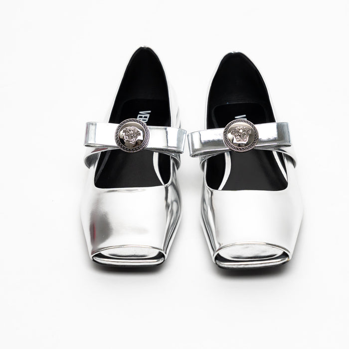 Versace Metallic Silver Flats With Peep Toe Size 39