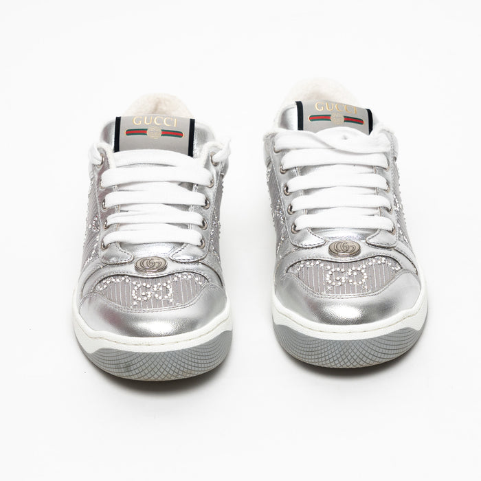 Gucci Metallic Silver Fabric and Leather GG Supreme Sneakers Size 37