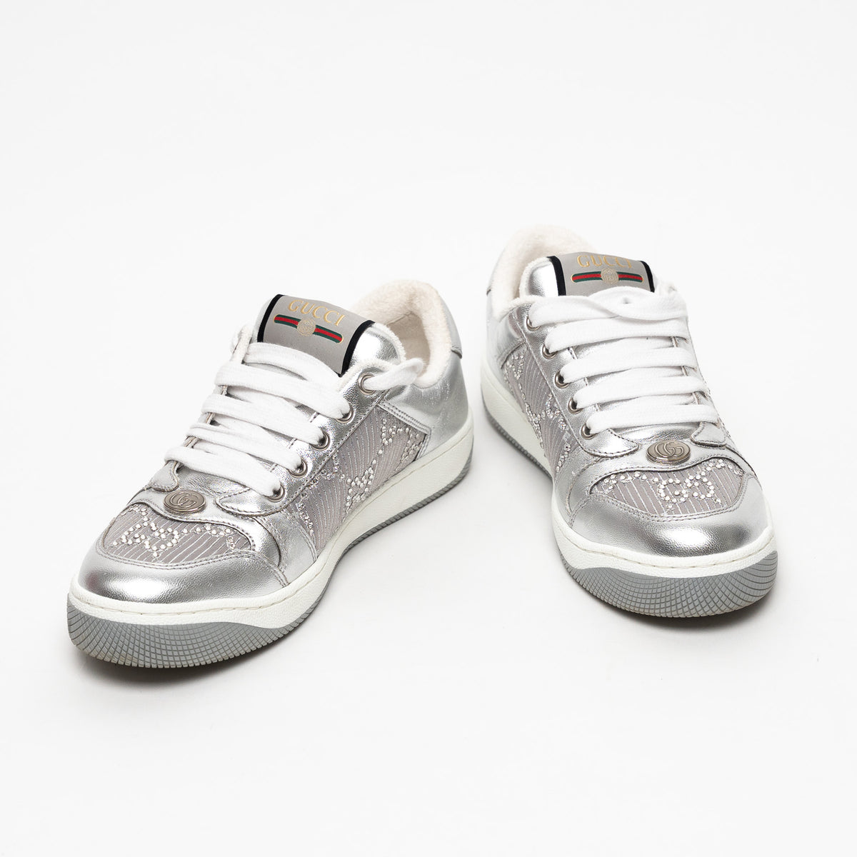 Gucci Metallic Silver Fabric and Leather GG Supreme Sneakers Size 37