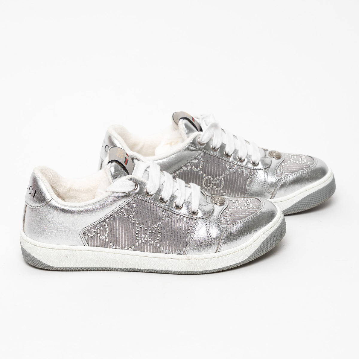 Gucci Metallic Silver Fabric and Leather GG Supreme Sneakers Size 37