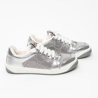 Gucci Metallic Silver Fabric and Leather GG Supreme Sneakers Size 37