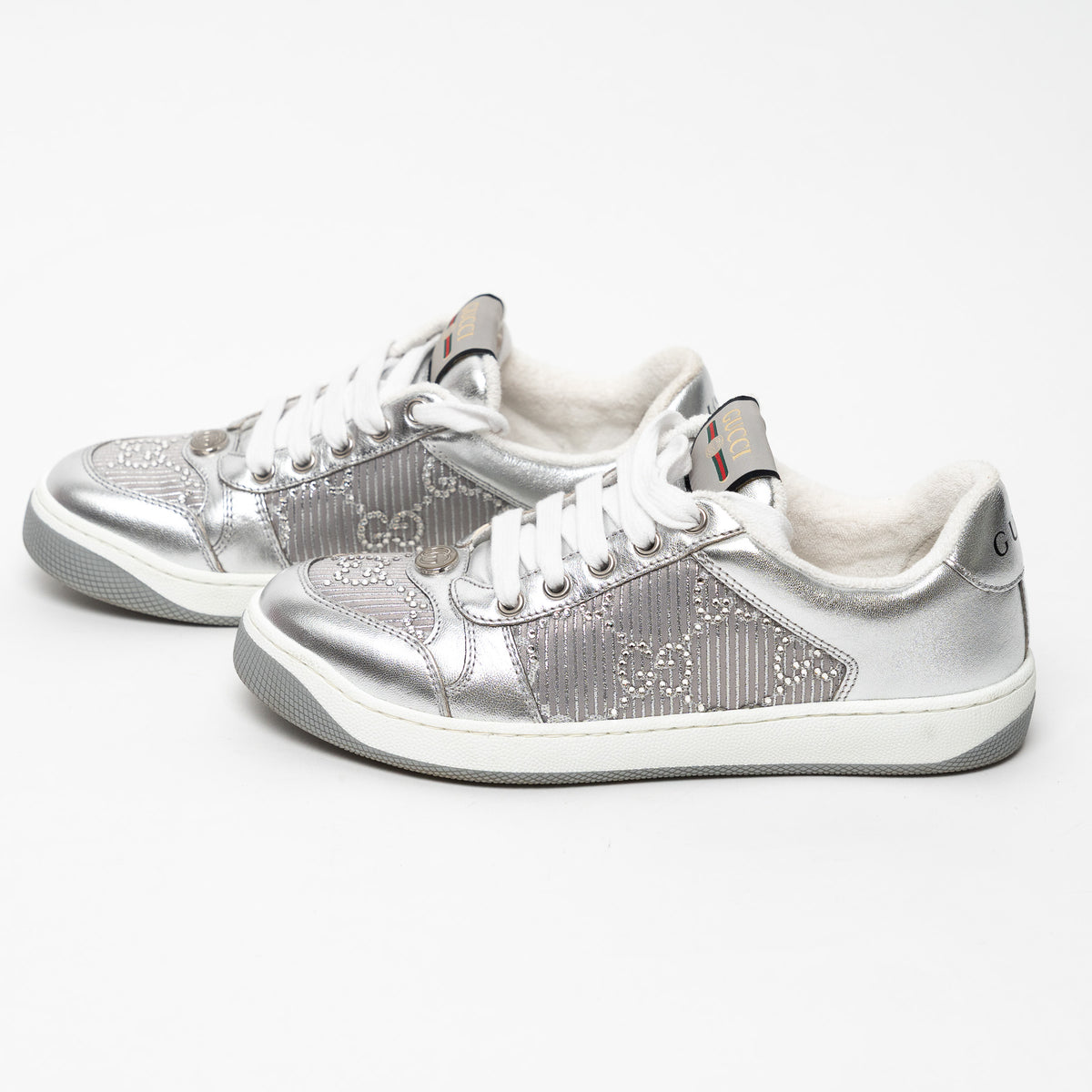 Gucci Metallic Silver Fabric and Leather GG Supreme Sneakers Size 37