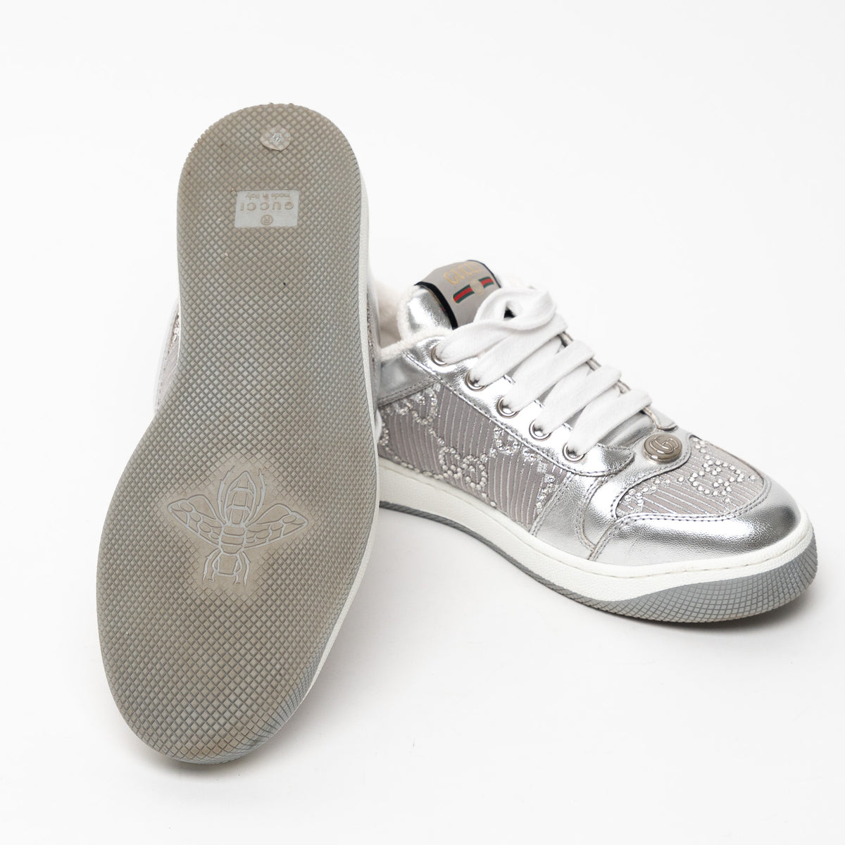 Gucci Metallic Silver Fabric and Leather GG Supreme Sneakers Size 37