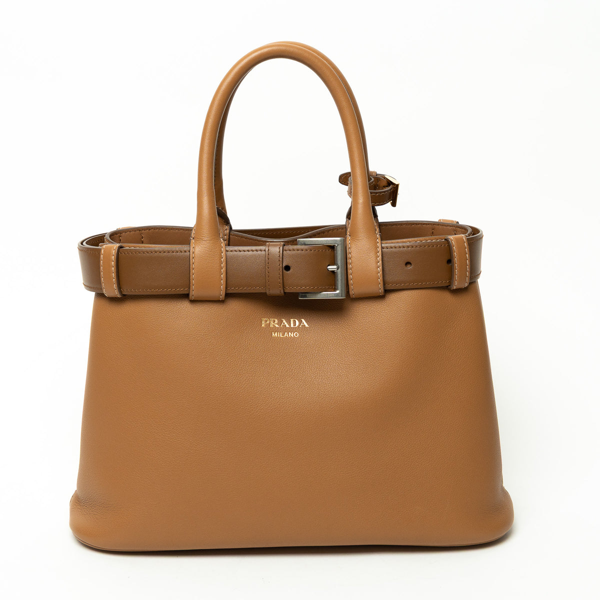 Prada Caramel Calfskin Leather Large Buckle Belt Handbag